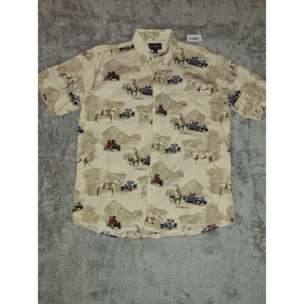 Bit & Bridle Novelty Print Button Up Short Sleeve Shirt Horses Cars Equestrian L